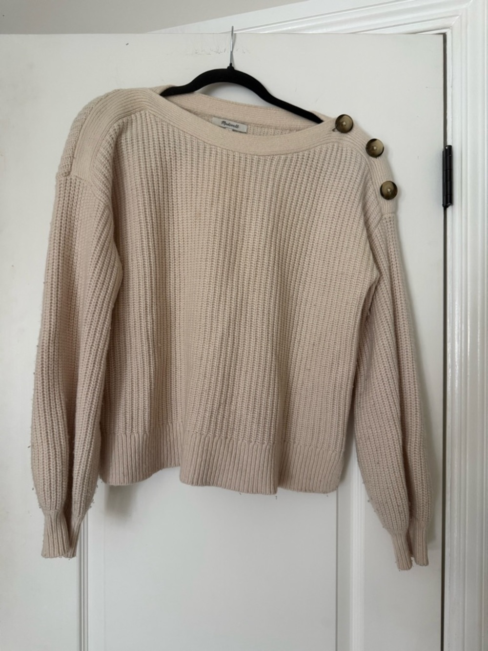 Madewell Merino Wool Button-Shoulder Crewneck Sweater in Light Beige